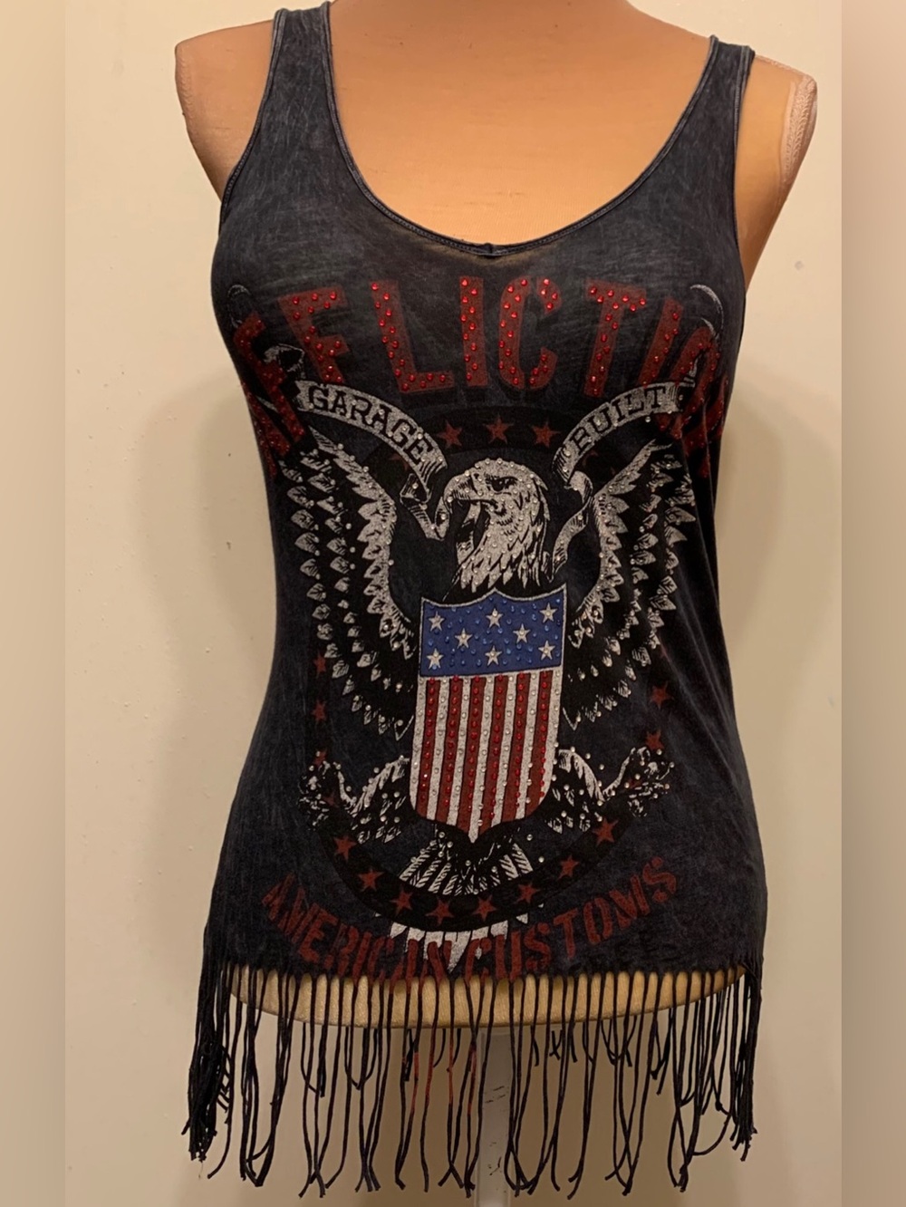 Affliction Black Eagle Shield Fringe Tank with Red Stud Accents